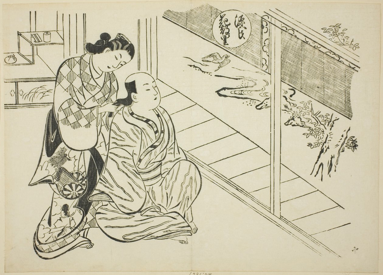 Das Hanachirusato-Kapitel aus "Die Geschichte von Genji" (Genji Hanachirusato), aus einer Serie von Genji-Parodien von Okumura Masanobu