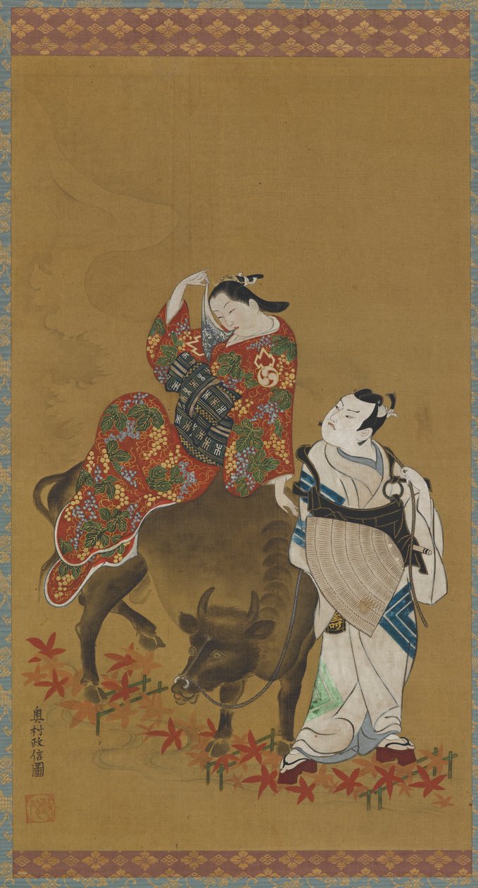 Zwei Kabuki-Schauspieler in den Rollen einer Kurtisane auf einem Wasserbüffel und eines reisenden Priesters, 1686-1764 von Okumura Masanobu