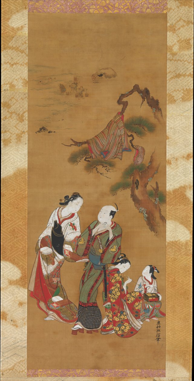 Yukihira und zwei Bräutjungfern in Suma, 18. Jahrhundert von Okumura Masanobu