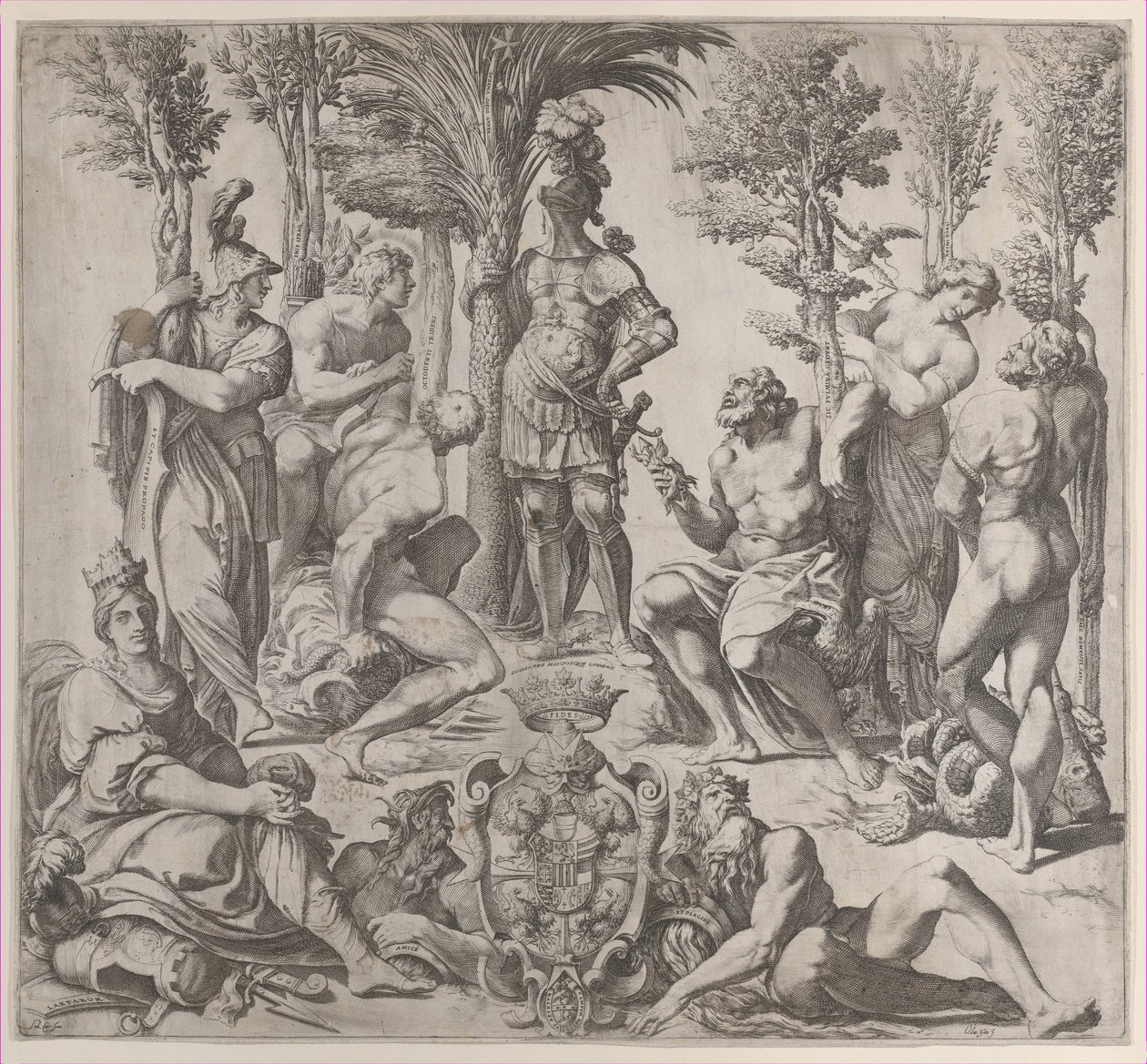 Allegorische Komposition mit sechs olympischen Göttern, die sich um eine Figur in Rüstung versammeln, 1615-35 von Oliviero Gatti
