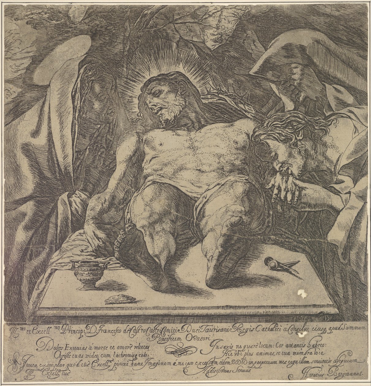 Beweinung Christi durch die drei Marien, ein Salbgefäß auf dem Tisch, 1615 von Orazio Borgianni