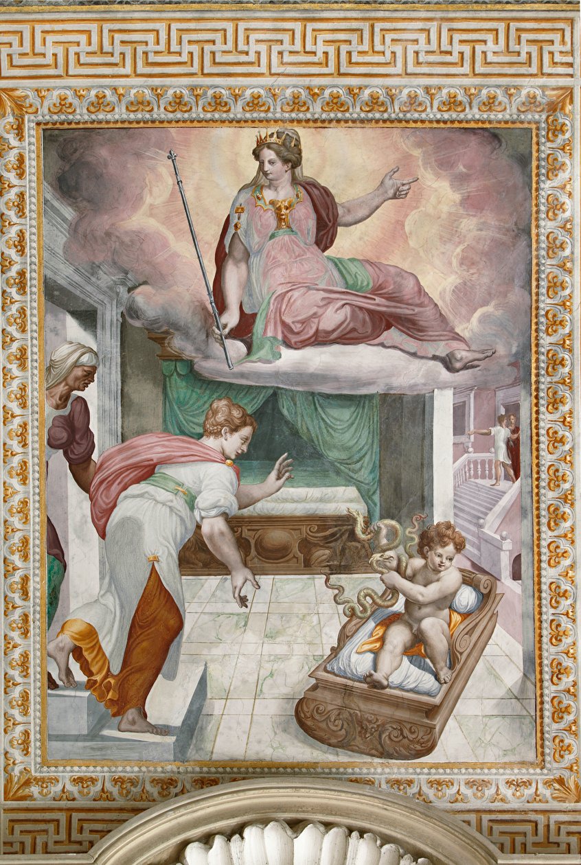 Neugeborener Herkules kämpft gegen die von Hera gesandten Schlangen, unter dem Blick seiner Mutter Alkmene (Detail) von Orazio Samacchini