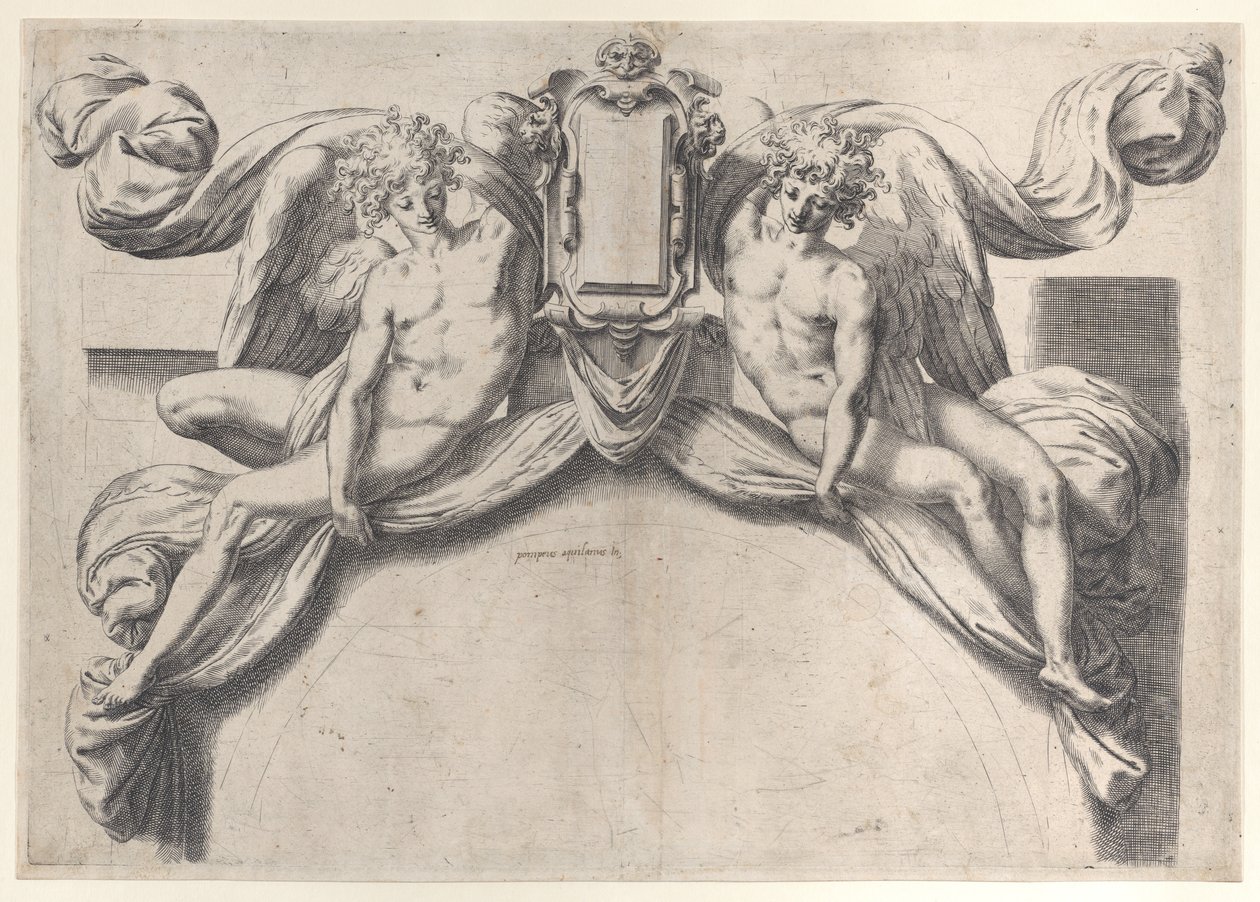 Zwei Engel, die eine Kartusche oder ein Schild stützen, 1568-77 von Orazio de Sanctis
