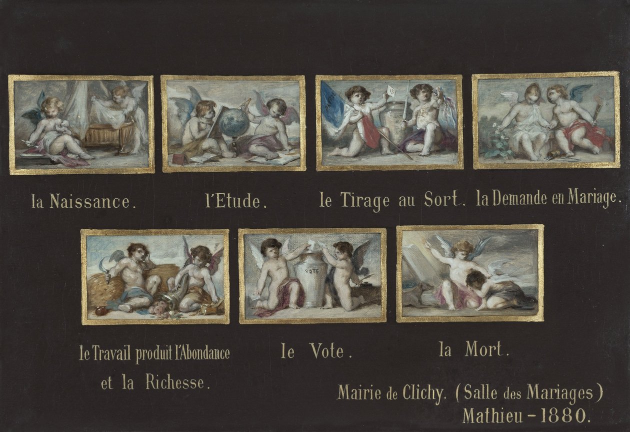 Skizze für das Rathaus von Clichy: Allegorien des Lebens des Bürgers (über der Tür des Trausaals) von Oscar Pierre Mathieu