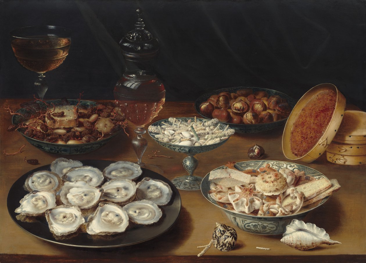Gerichte mit Austern, Obst und Wein, ca. 1620-1625 von Osias Beert the Elder