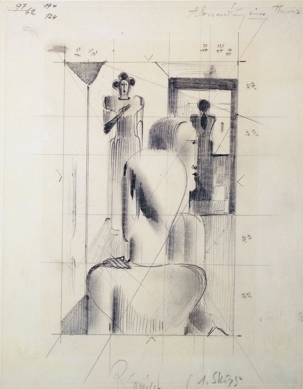 Figuren in einem Raum, von Oskar Schlemmer, Bleistift auf Papier. Deutschland, 20. Jahrhundert. von Oskar Schlemmer