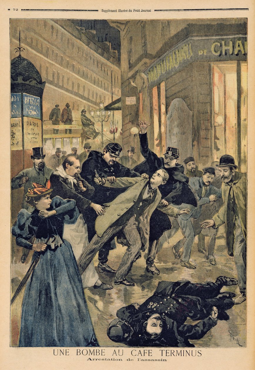 Eine Bombe im Café Terminus, die Verhaftung des Attentäters, Illustration aus 