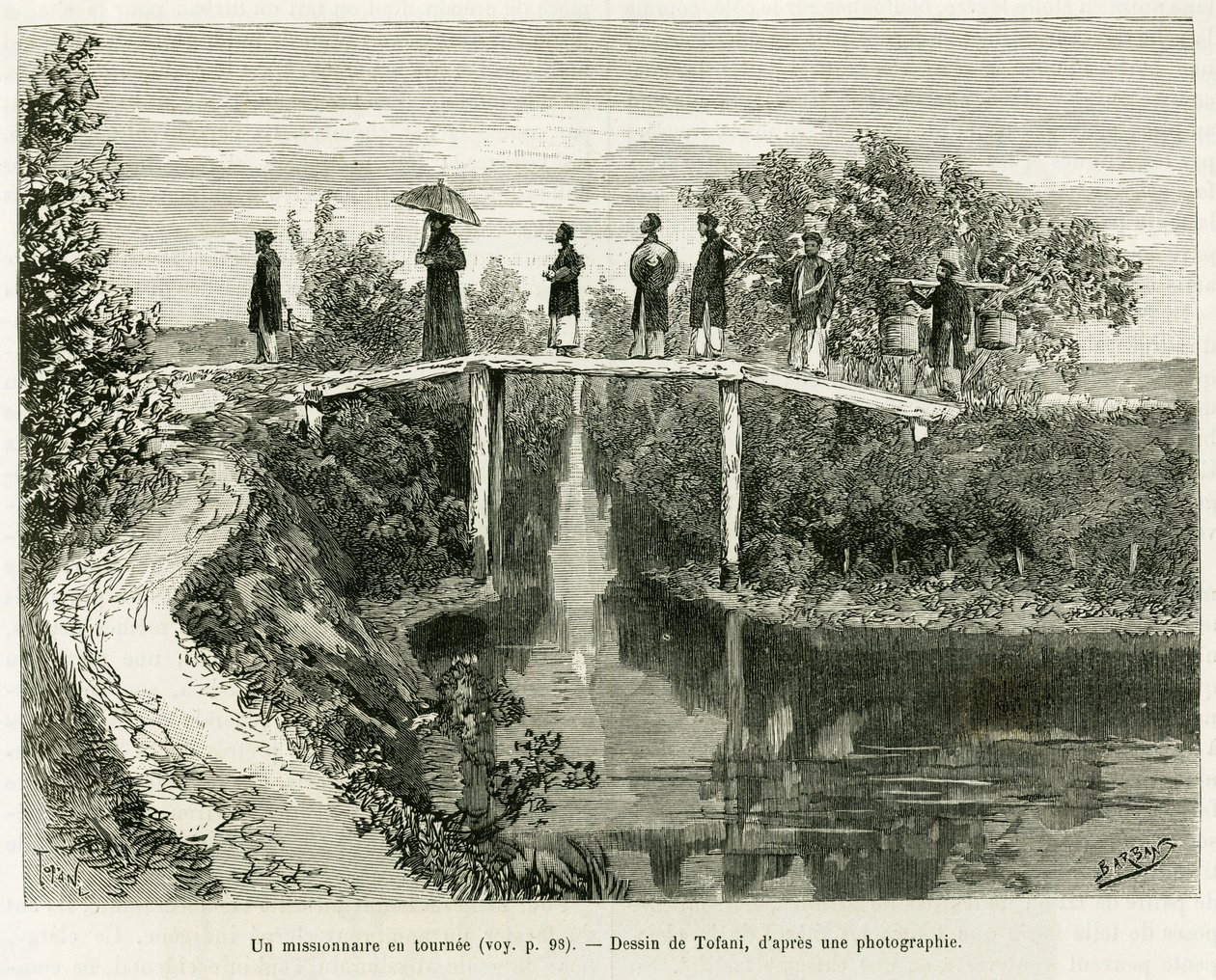 Ein Missionar auf Reisen. Gravur von Tofani zur Illustration der Geschichte Trente mois au Tonkin, 1884, von Dr. Paul Hocquard, in Le Tour du monde 1890, unter der Leitung von Edouard Charton (1807-1890), Hachette, Paris. von Oswaldo Tofani