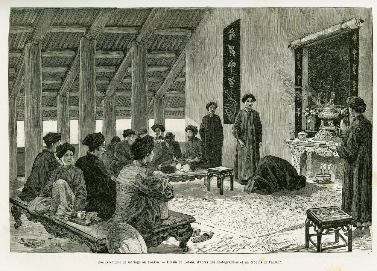 Eine Hochzeitszeremonie in Tonkin. Gravur von Tofani zur Illustration der Geschichte Trente mois au Tonkin, 1884, von Dr. Paul Hocquard, in Le Tour du monde 1890, unter der Leitung von Edouard Charton (1807-1890), Hachette, Paris. von Oswaldo Tofani
