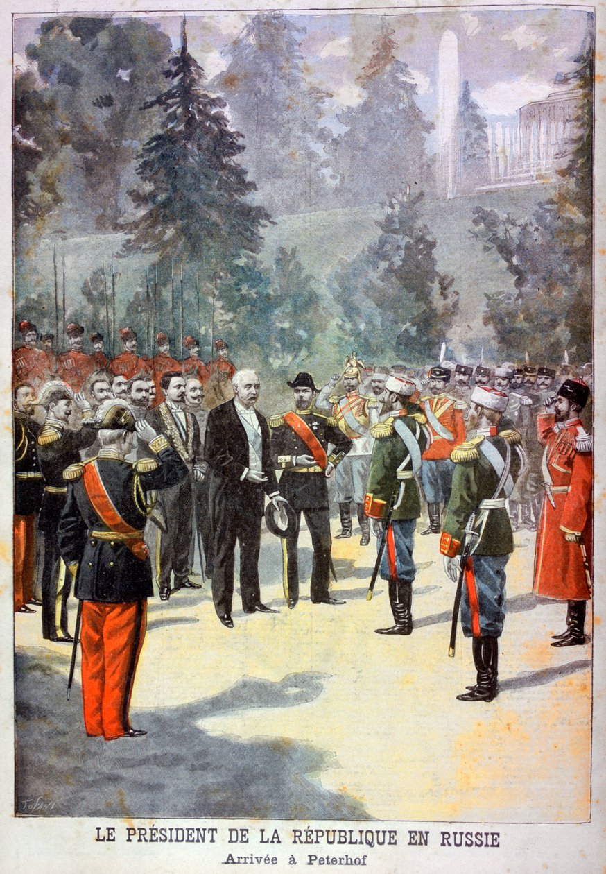 Felix Faure, Präsident von Frankreich, wird im Peterhof, St. Petersburg, Russland, empfangen von Oswaldo Tofani