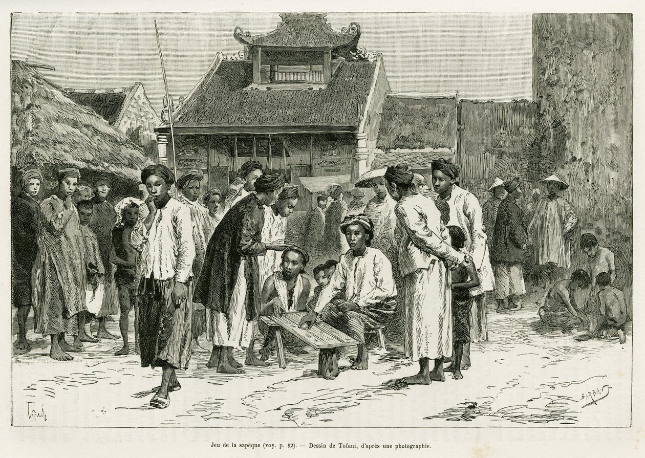 Spiel der Sapeque. Gravur von Tofani, zur Illustration der Geschichte Trente mois au Tonkin, 1884, von Dr. Paul Hocquard, in Le tour du monde 1890, unter der Leitung von Edouard Charton (1807-1890), Hachette, Paris von Oswaldo Tofani