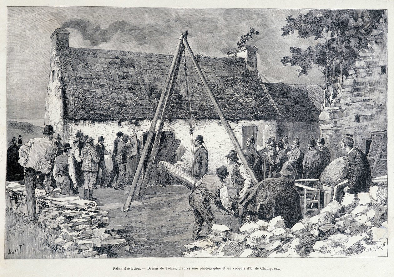 Männer rennen durch eine Tür mit Hilfe eines Bauchbaums, um den Bewohner aus der Wohnung zu vertreiben. Zeichnung von Tofani nach einer Skizze von O. de Champeaux (19. Jahrhundert) von Oswaldo Tofani