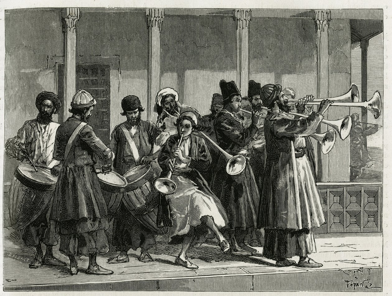 Musiker begrüßen den Sonnenaufgang in Isfahan (Iran). Gravur von Tofani, zur Illustration der Geschichte „Persien, Chaldäa und Susiane“. von Oswaldo Tofani