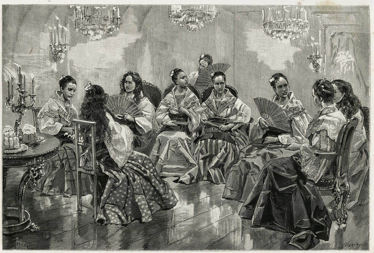 Narcisso chinesischer Jahrmarkt, Daraga, Philippinen. Gravur von Tofani, zur Illustration der Geschichte „Reise auf die Philippinen“. von Oswaldo Tofani