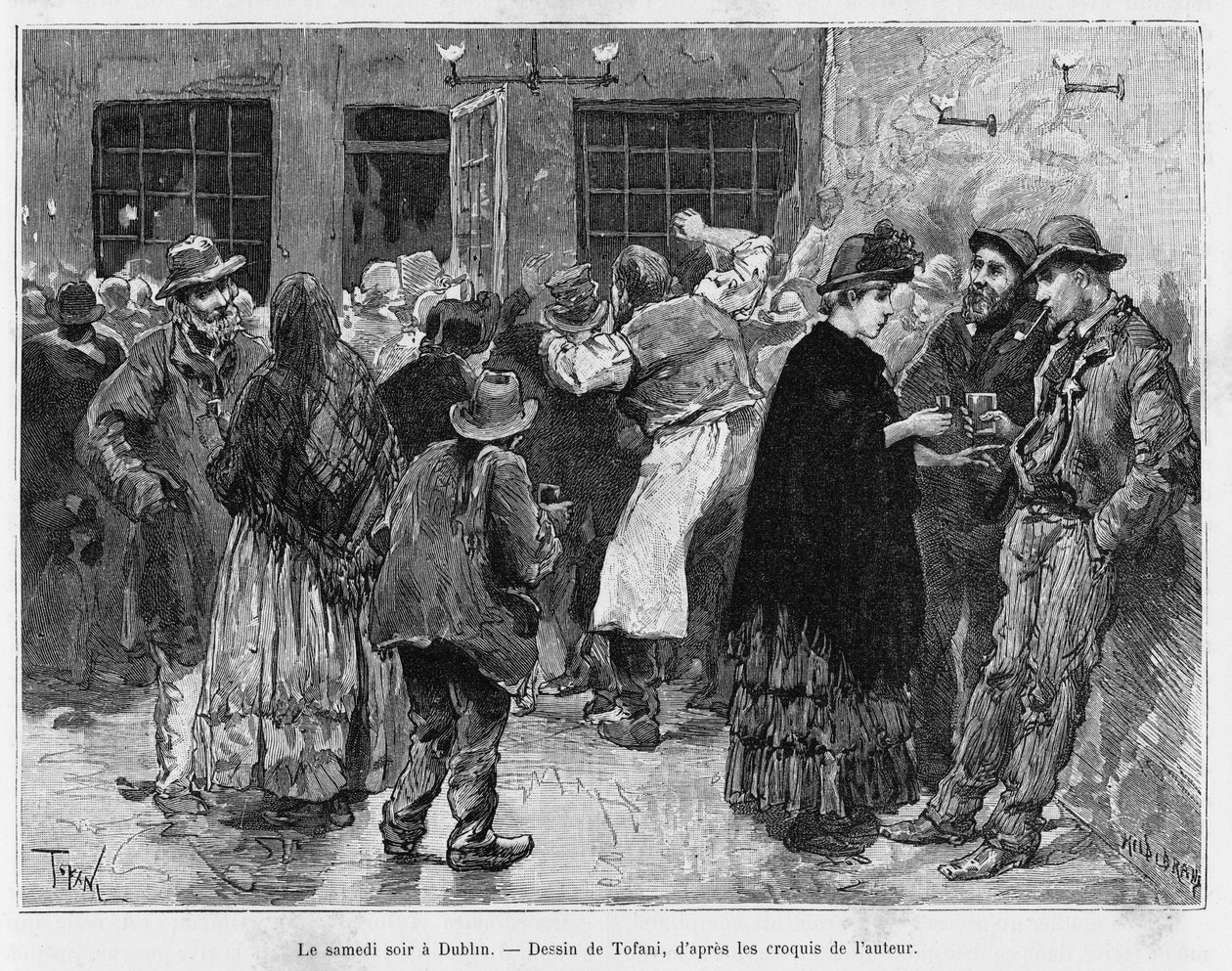 Samstagabend in Dublin. Gravur von Tofani, zur Illustration der Geschichte Trois mois en Irlande, 1889, von Marie Anne de Bovet, in Le tour du monde 1890, unter der Leitung von Edouard Charton (1807-1890), Hachette, Paris von Oswaldo Tofani
