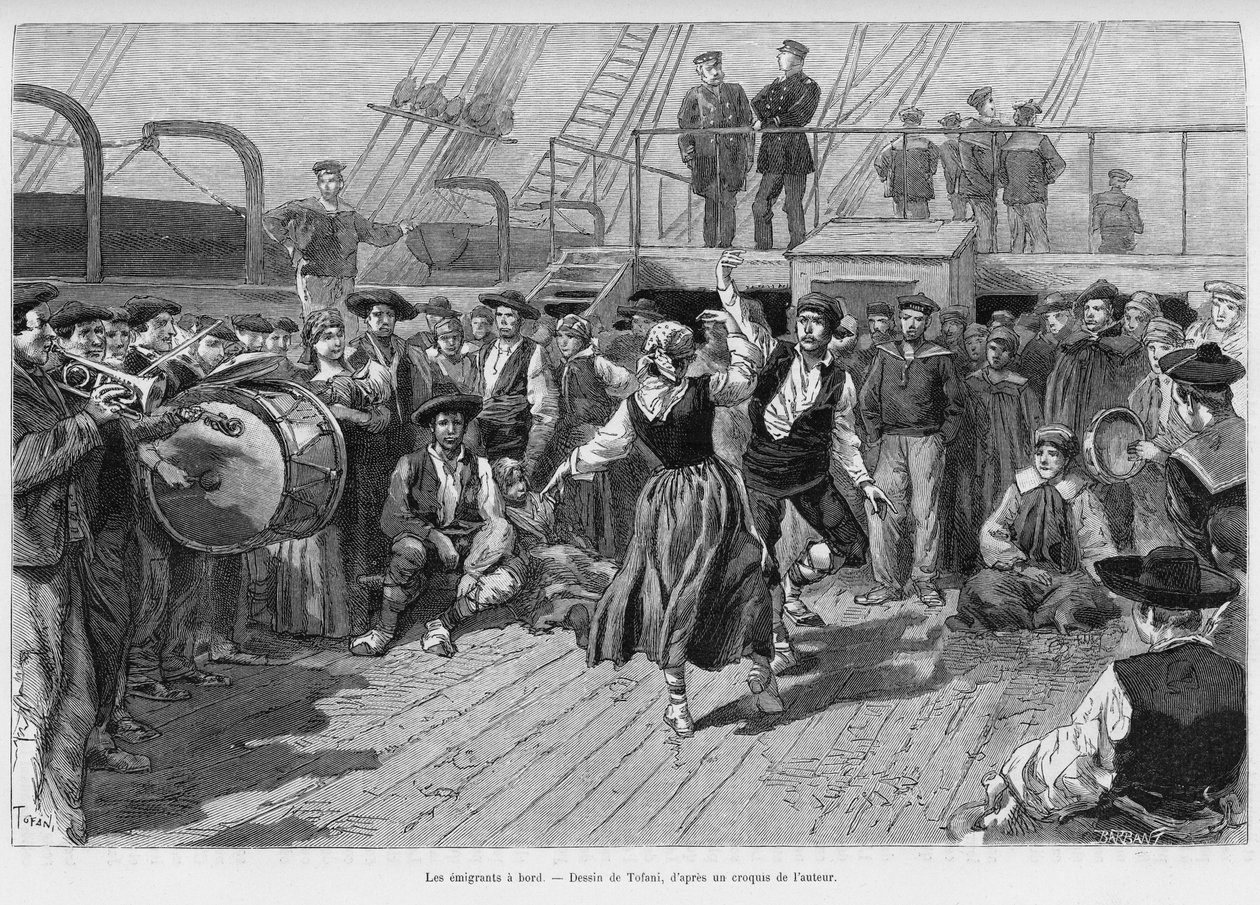 Die Auswanderer an Bord. Gravur von Tofani zur Illustration der Geschichte Voyage à la Plata, drei Monate Urlaub von Emile Blaireaux, 1886, in Le Tour du monde 1887, unter der Leitung von Edouard Charton (1807-1890), Hachette, Paris. von Oswaldo Tofani