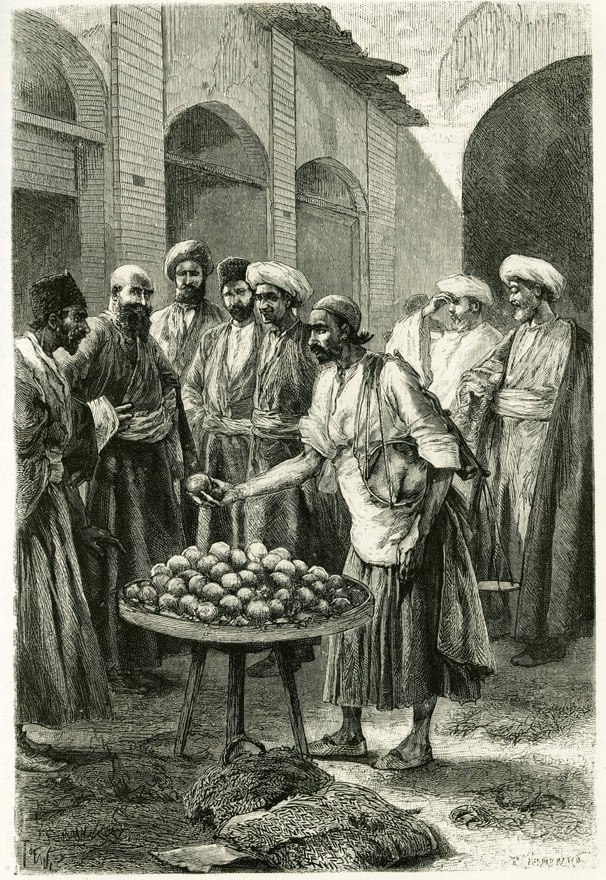 Der Fischhändler in Kachan (oder Kashan, in der Provinz Teheran, heutiges Iran). Gravur von Tofani, nach einem Foto, zur Illustration der Geschichte „Persien, Chaldäa und Susiane“ 1881-1882, von Jane Dieulafoy (geb. Magre) von Oswaldo Tofani
