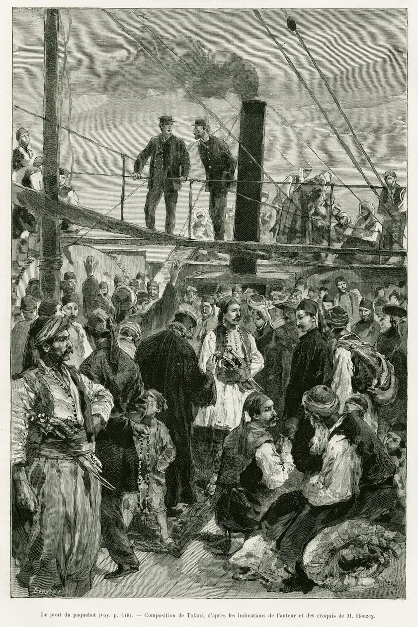 Das Schiffsdeck. Gravur von Tofani zur Illustration der Geschichte Voyage en Thessalie, 1882, von Paul Monceaux, in Le Tour du monde 1887, unter der Leitung von Edouard Charton (1807-1890), Hachette, Paris. von Oswaldo Tofani
