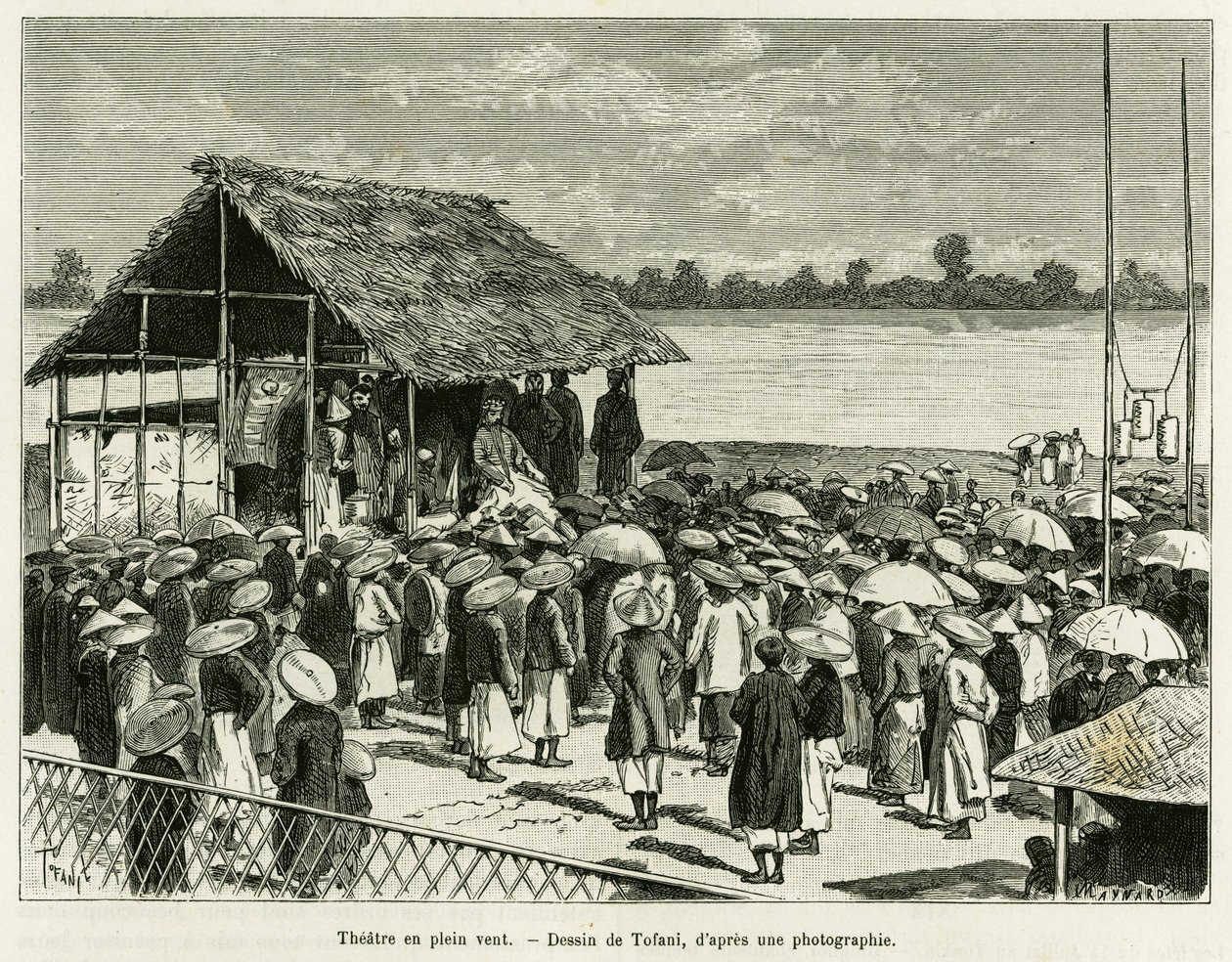 Theater im Wind. Gravur von Tofani, nach einer Fotografie, zur Illustration der Geschichte „Trente mois au Tonkin“, 1884, von Dr. Paul Hocquard, in Le Tour du monde 1890, unter der Leitung von Edouard Charton (1807-1890). von Oswaldo Tofani