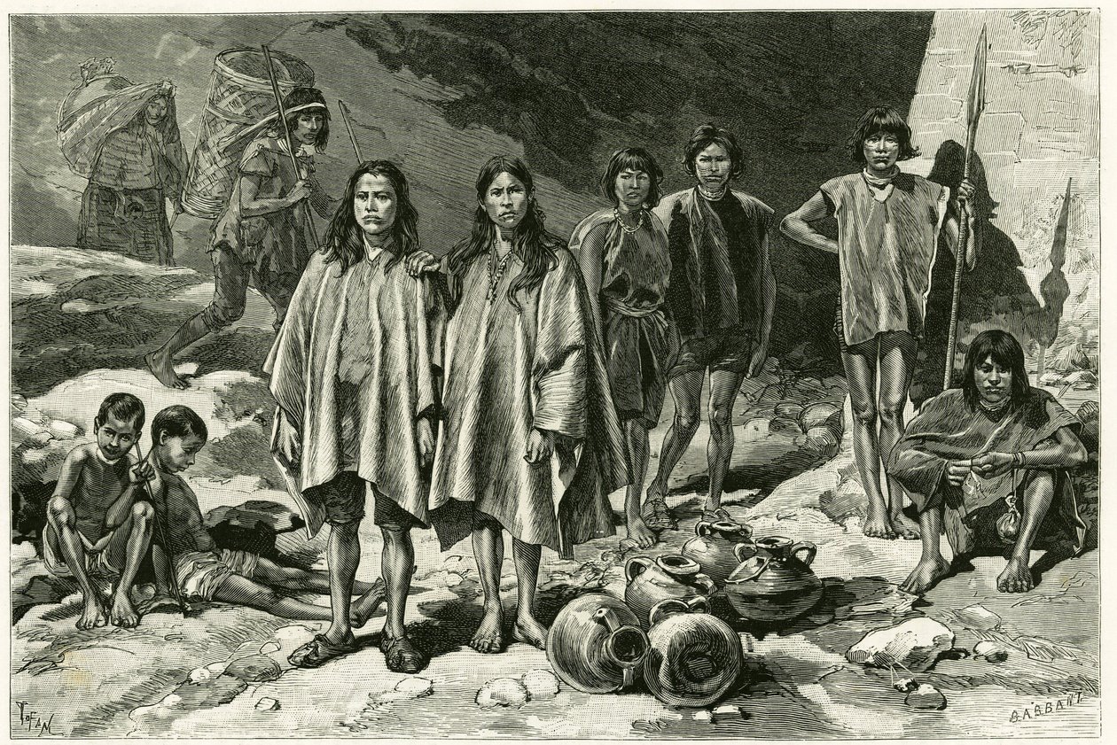 Typen von Indianern der Kordilleren von Ecuador, links im Hintergrund Yumbos von Nanegal, im Vordergrund Lojanos, in der Mitte ein Paar Zaparos, rechts Jivaros-Krieger. Gravur von Tofani, basierend auf Dokumenten, zur Illustration der Geschichte von Oswaldo Tofani