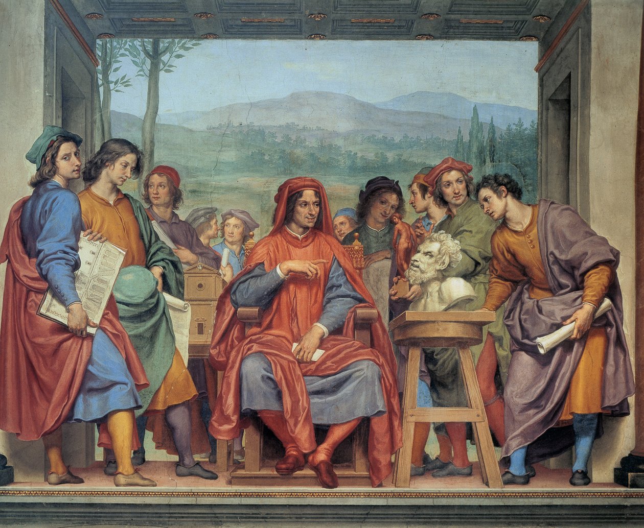 Lorenzo de Medici (1449 - 1492) (Lorenzo der Prächtige: Lorenzo il Magnifico) sitzt in der Mitte der Künstler, Fresko von Ottavio Vannini (1585-1643) - Museo degli Argenti, Florenz von Ottavio Vannini