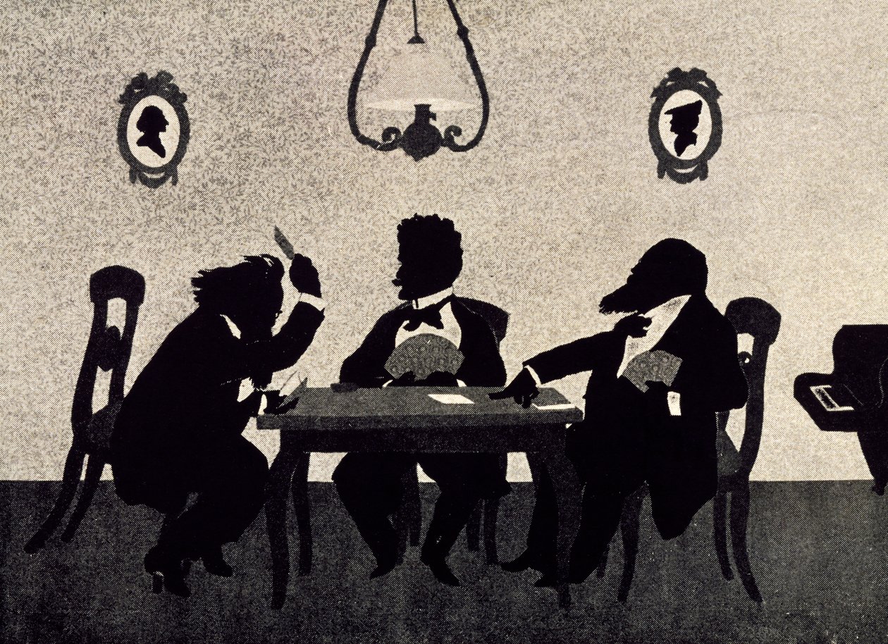 Kartenspiel zwischen Johannes Brahms (1833-1897), Richard Strauss (1864-1949) und Hans Richter (1843-1916), schwarze Silhouette von Otto Böhler (1847-1913) von Otto Bohler