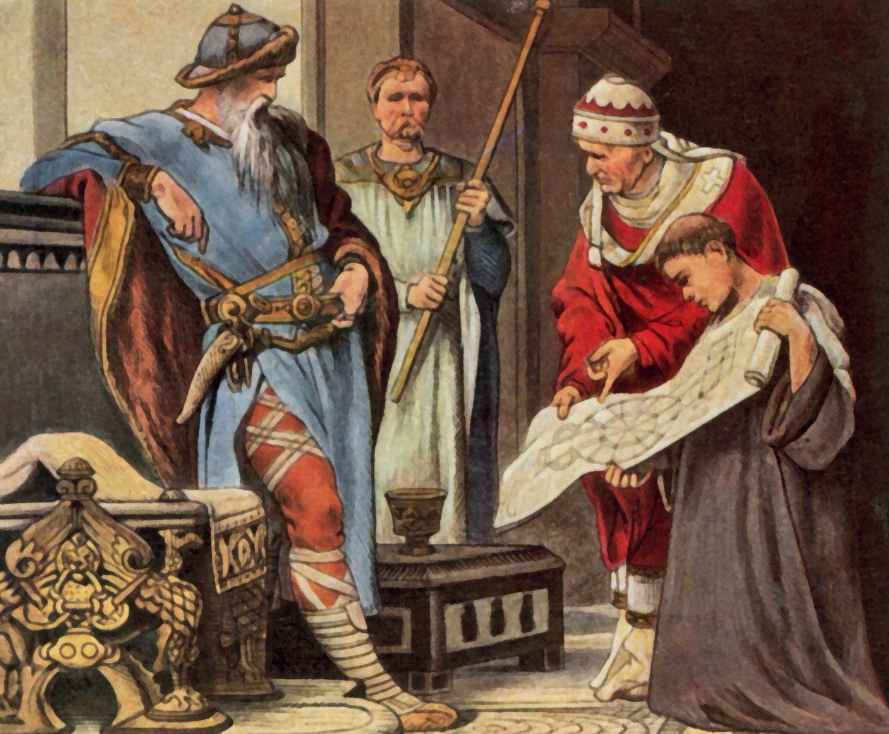 Karl der Große lässt sich den Plan für die Palastkapelle des Kaiserpalastes in Aachen vorlegen, 796 von Otto Knille