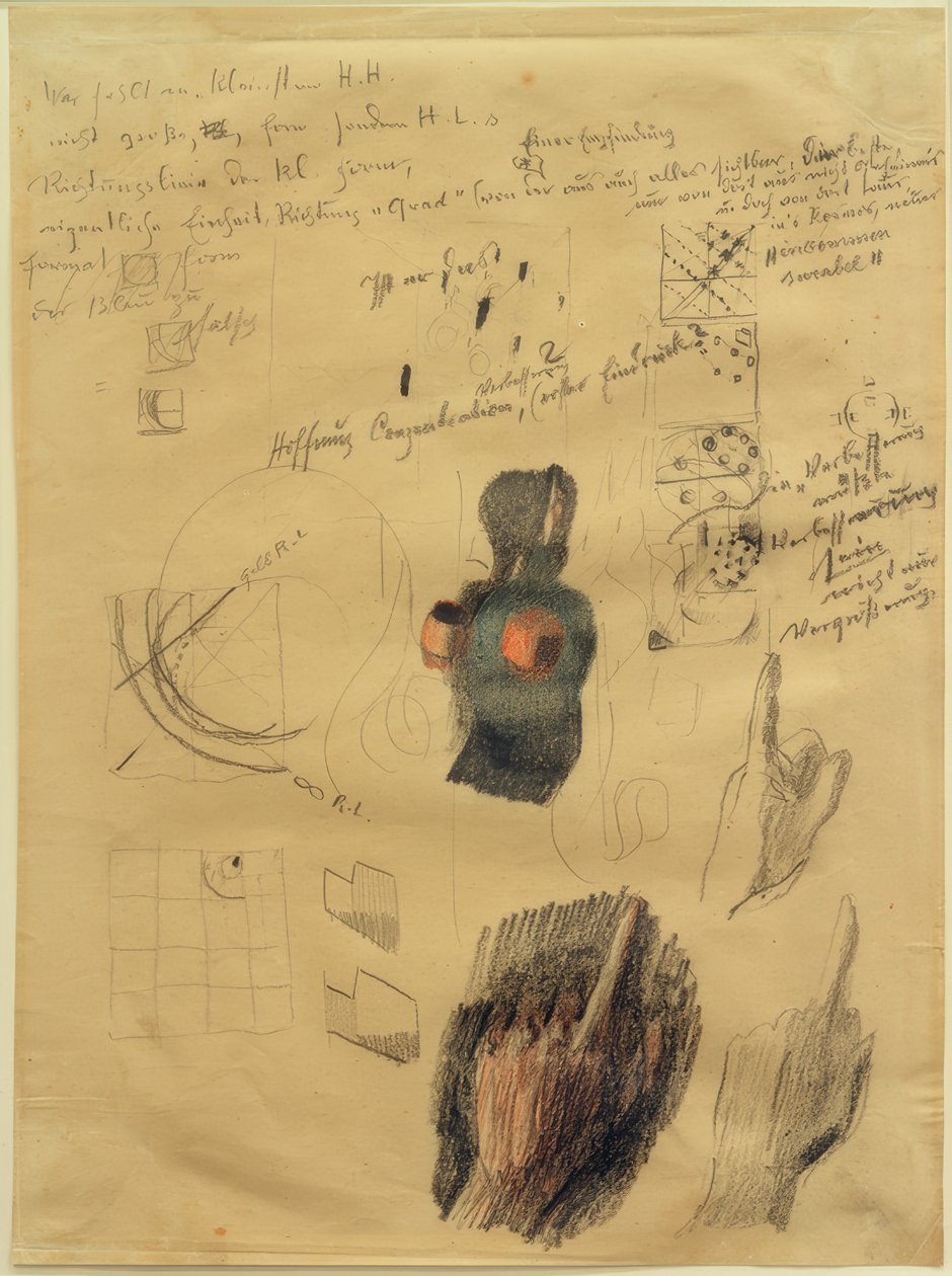 Skizzenblatt mit Kompositions- und Handstudien zu Händehochhaltende (Antworten) von Otto Meyer Amden