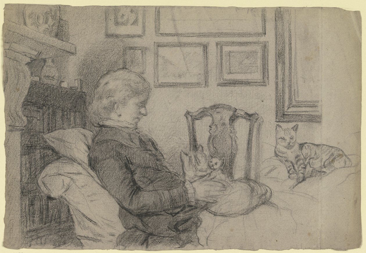 Luise Scholderer am Kamin mit vielen Katzen von Otto Scholderer