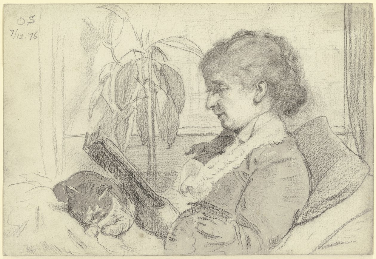 Luise Scholderer lesend mit Katze von Otto Scholderer