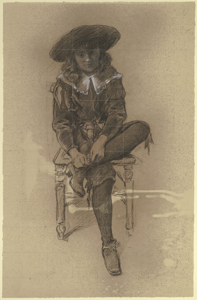 Sitzender Knabe in historischer Tracht aus der "Vorbereitung zum Kostümball" von Otto Scholderer