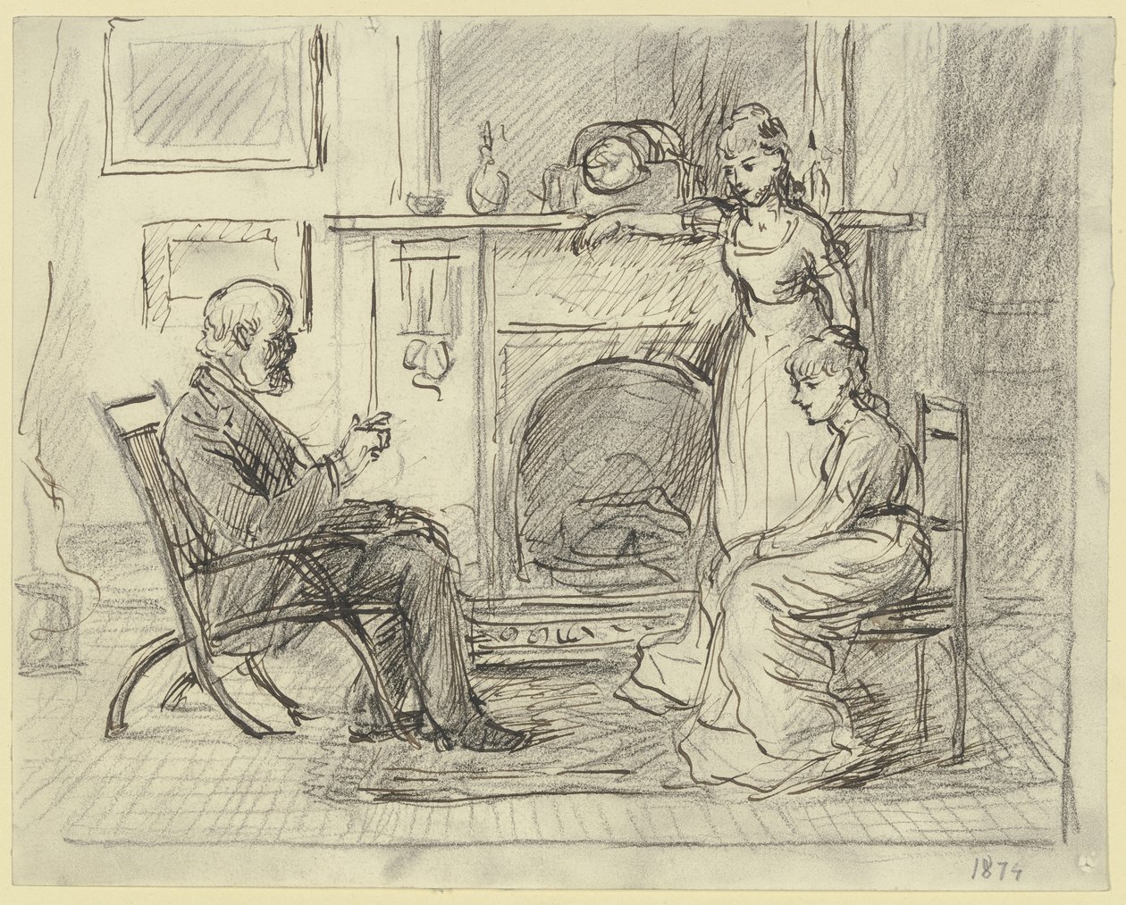 Drei Personen am Kamin von Otto Scholderer