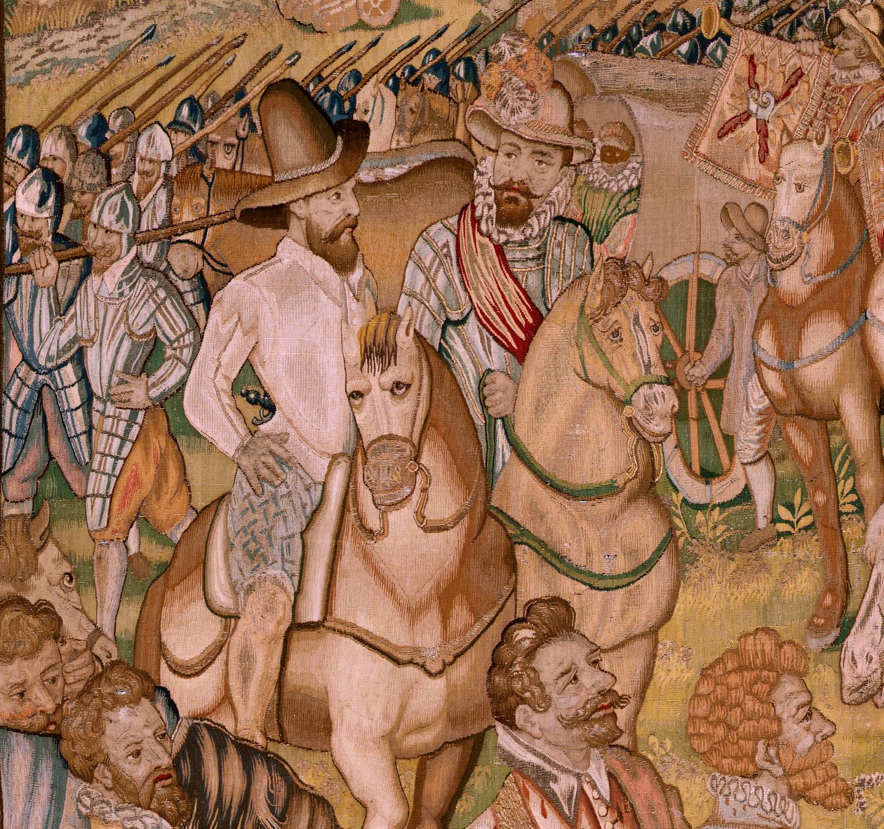 Flämischer Wandteppich. Serie Triumphe und Schlachten von Erzherzog Albrecht. Der Rückzug der Garnison von Ardres nach Frankreich. Vierter Wandteppich der Serie. Modell Otto van Veen und Hans I Snellinck. Herstellung Martin Reynbouts, Brüssel von Otto van Veen