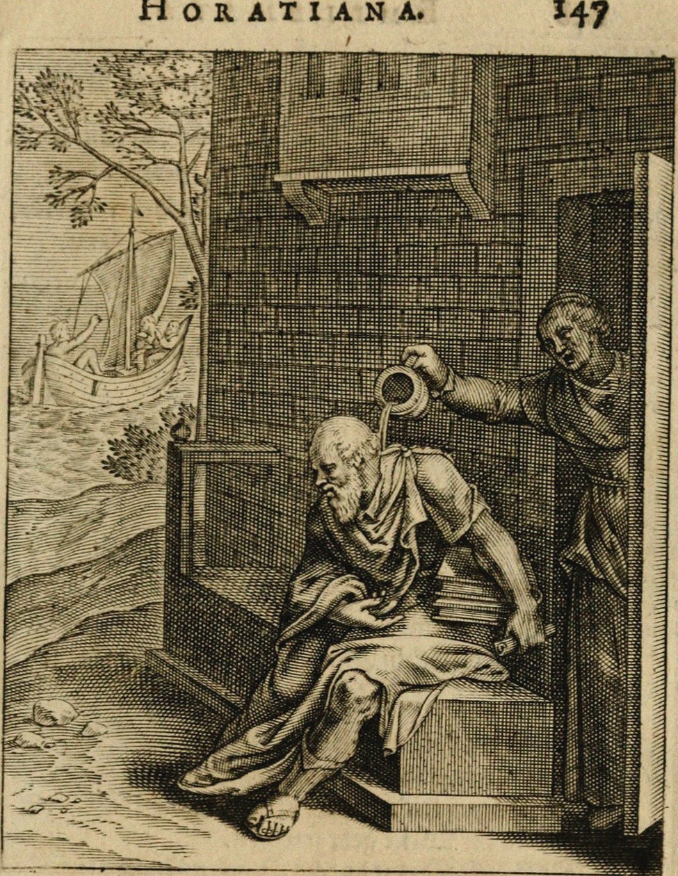 Xanthippe leert einen Nachttopf über Sokrates. Aus Emblemata Horatiana, 1607 von Otto van Veen