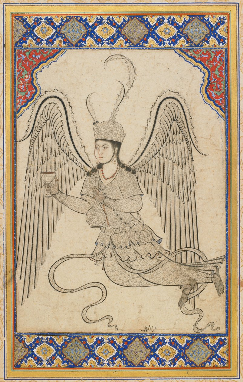Engel, fliegend, mit Becher und Weinflasche von Ottoman School