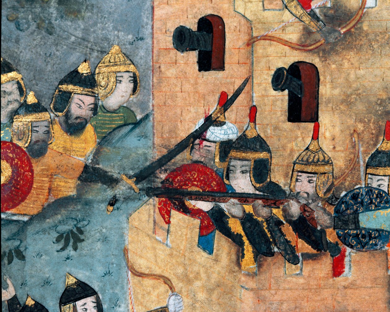 Kampfszene zwischen der osmanischen Armee von Murad III. (1546-1595) und den Verteidigern einer Festung von Ottoman School
