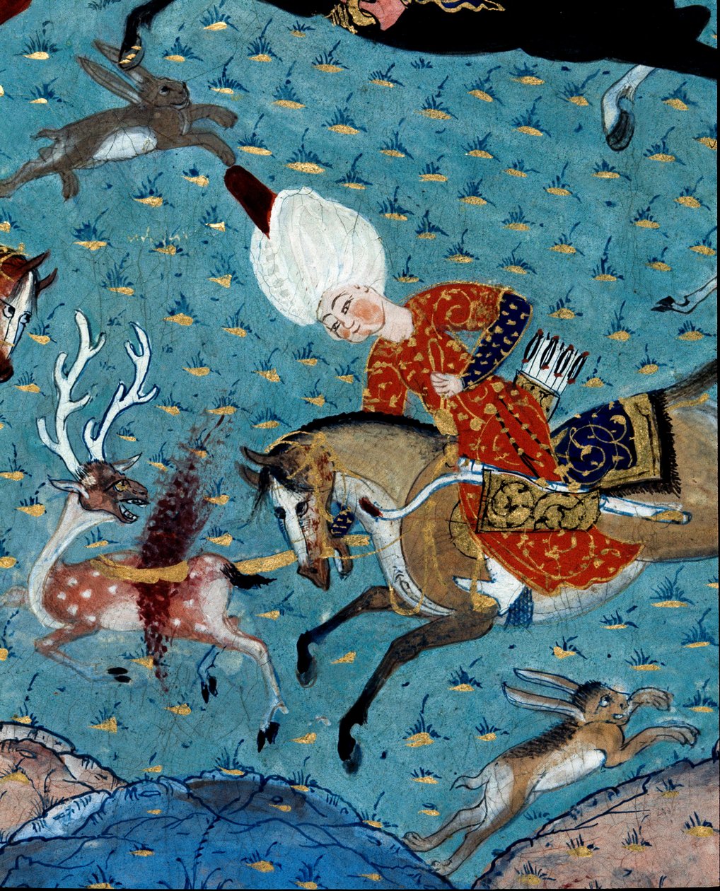 Darstellung der Höflinge von Sultan Murad II (Murat) (1404-1451) bei der Jagd auf Hirsche und Hasen (Detail). 17. Jahrhundert Miniatur. Istanbul, Topkapi Sarayi Museum Bibliothek von Ottoman School