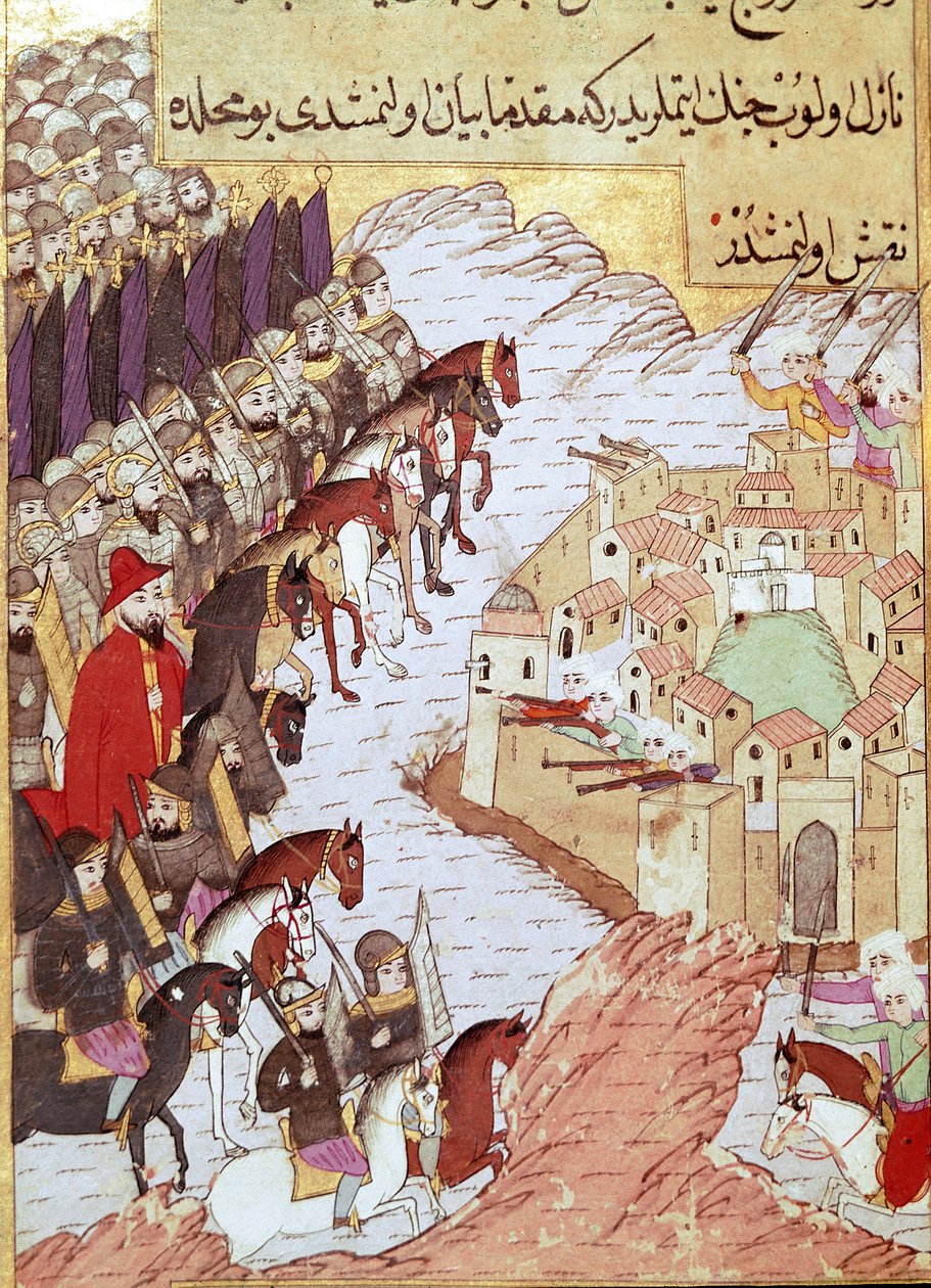 Zweite Kreuzzug (1147-1149): die Kreuzzüge vor der Stadt Aleppo in Syrien. 16. Jahrhundert Miniatur. Topkapi Sarayi Istanbul von Ottoman School