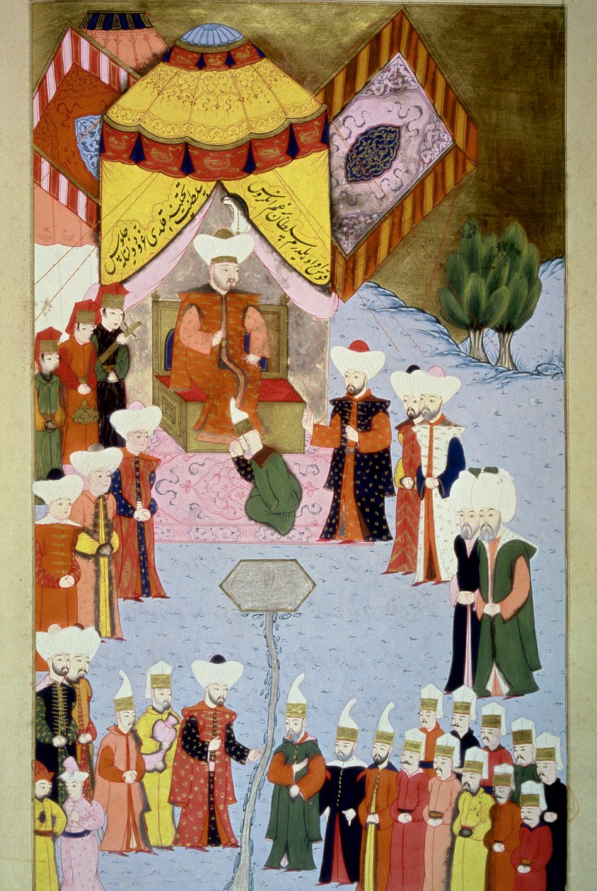 Sultan Bayezid I (1360-ca. 1402) hat seinen Miniaturhof aus „Hunername“ von Lokman, Bd. 1 (H 1523, f.7) 1584 Topkapi Sarayi Museum Bibliothek Istanbul von Ottoman School