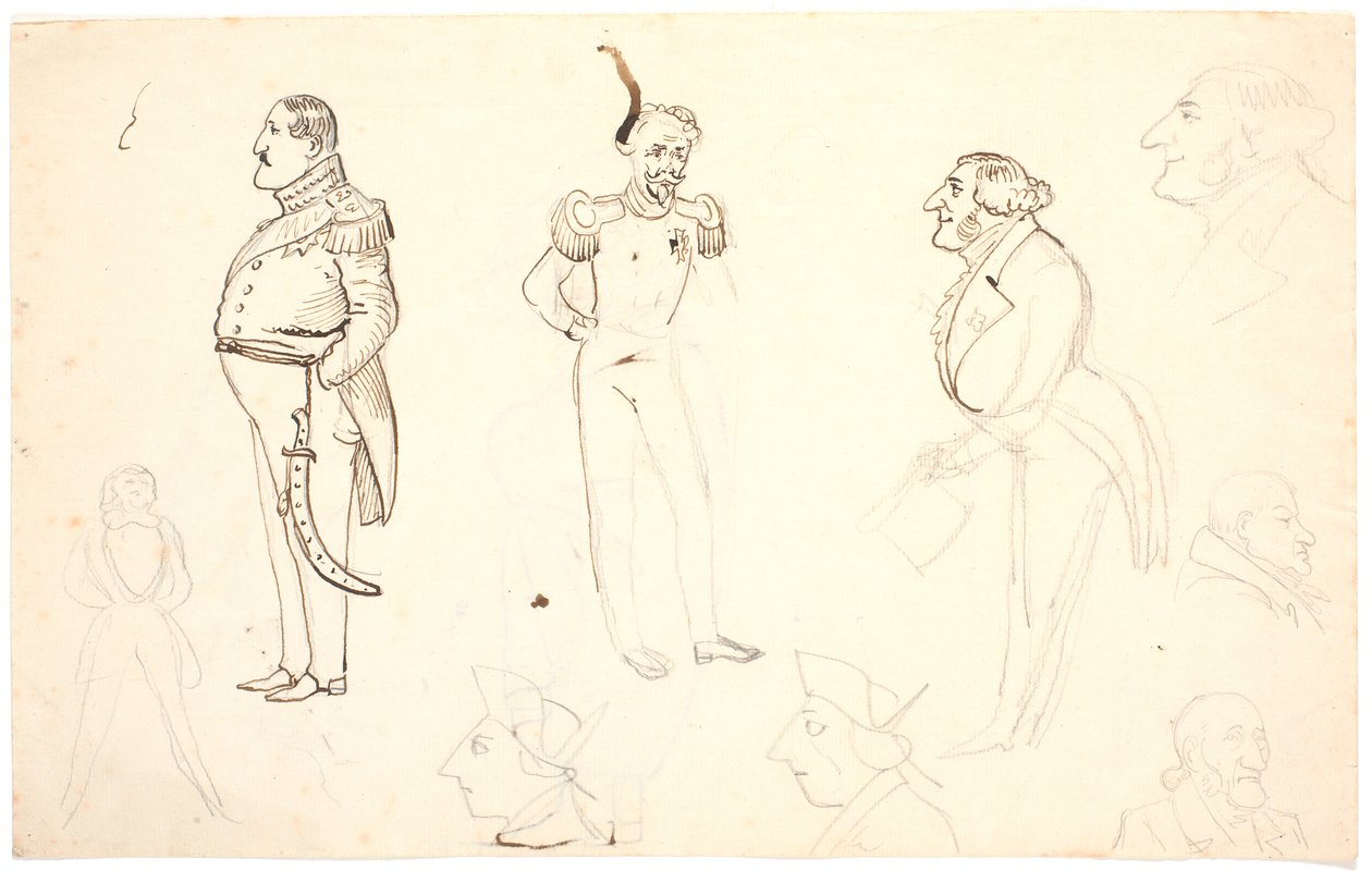 Karikatur von Frederik VII und anderen, u.a. Grundtvig, wahrscheinlich Orla Lehmann u.a. von P.C. Skovgaard