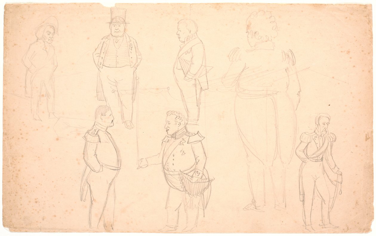 Karikatur von u.a. A.S. Ørsted, Frederik VII, Christian VIII und wahrscheinlich Frederik VI. von P.C. Skovgaard