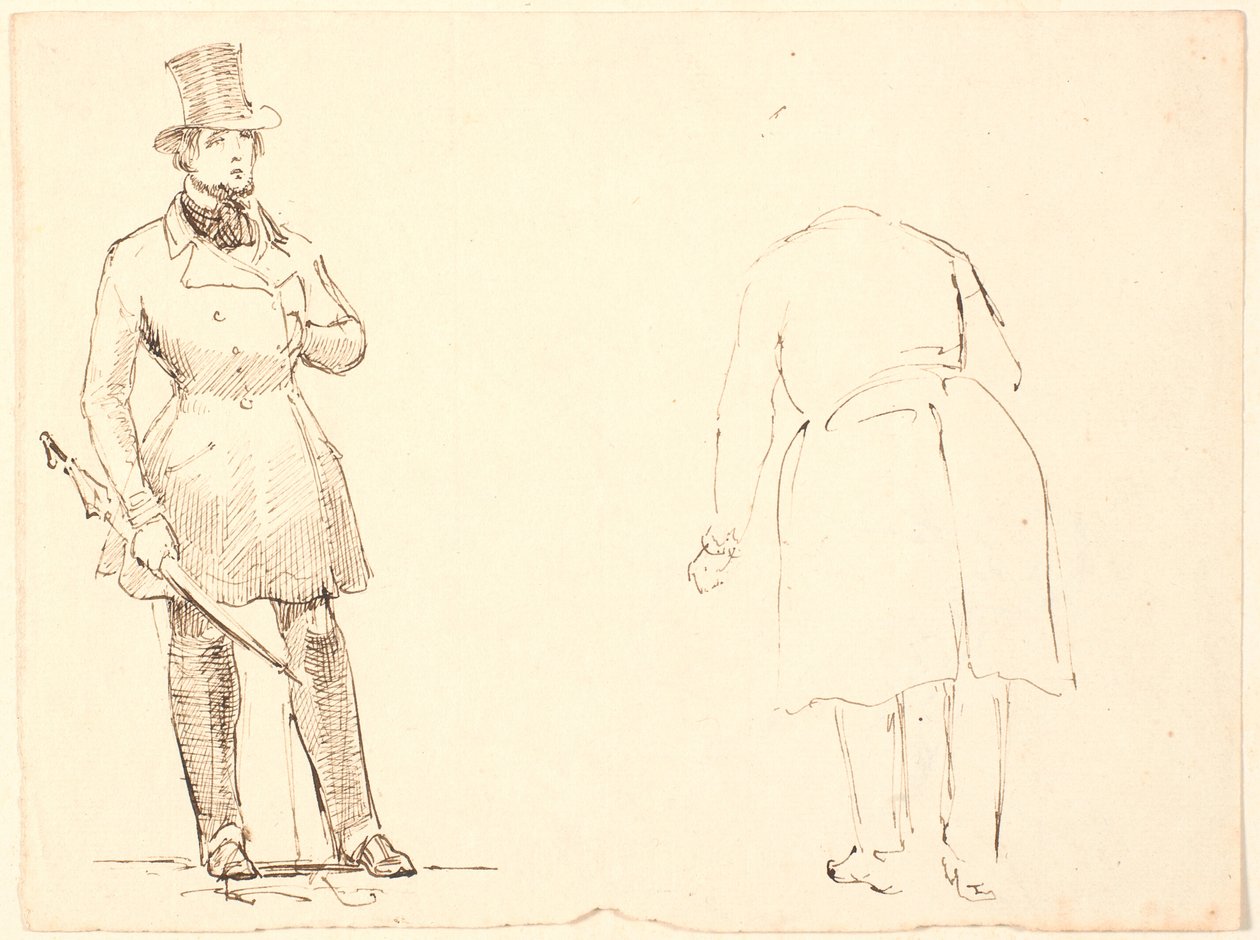 Stehender Herr mit Regenschirm und rechts sich verbeugender Herr von hinten gesehen von P.C. Skovgaard