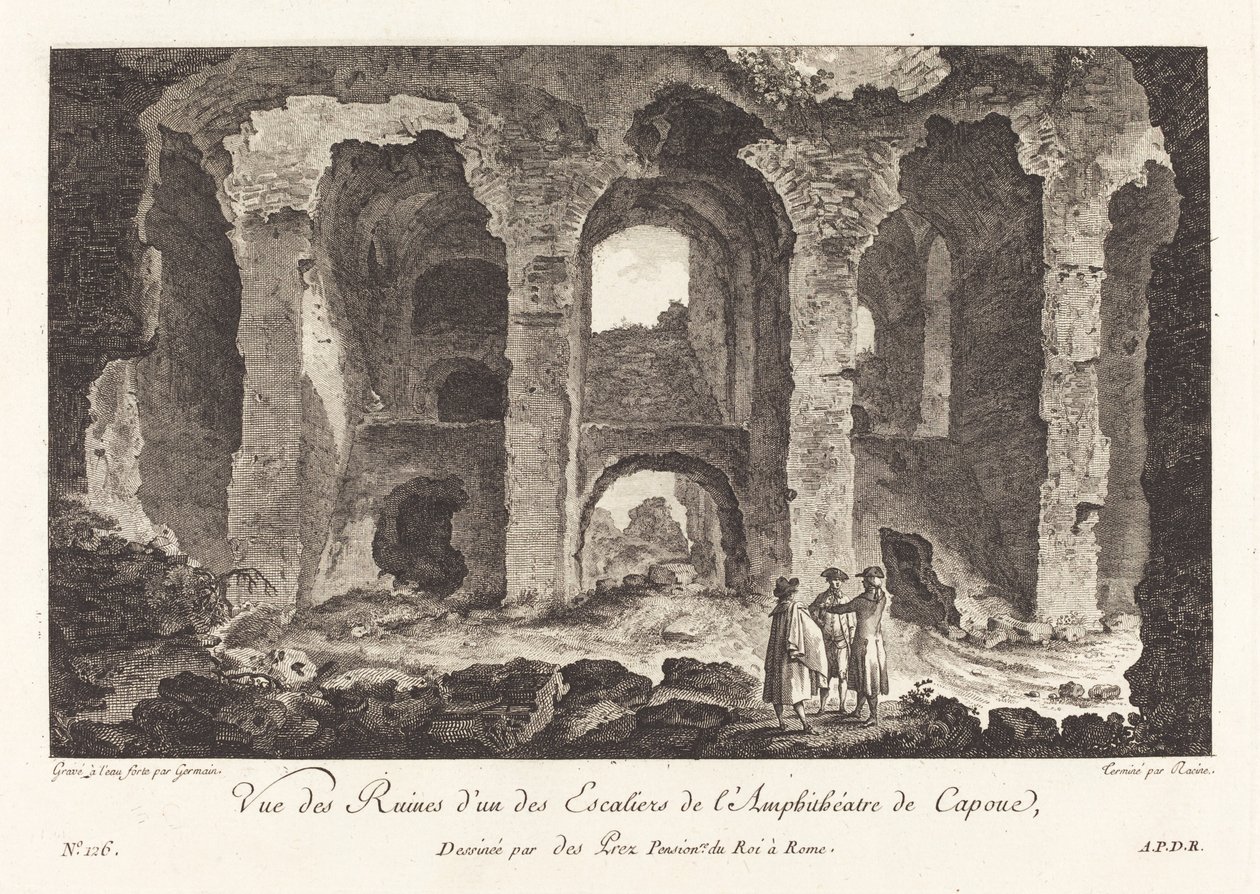 Ansicht der Ruinen einer Treppe des Amphitheaters von Capua von P.F. Germain after Louis Jean Desprez