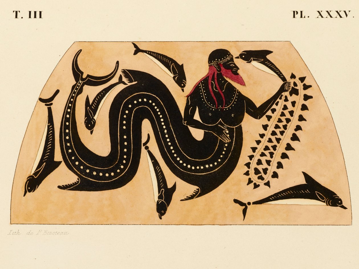 Druck der Dekoration auf einer griechischen Amphore, Poseidon begleitet von Delfinen, ca. 1858 von P. Bineteau