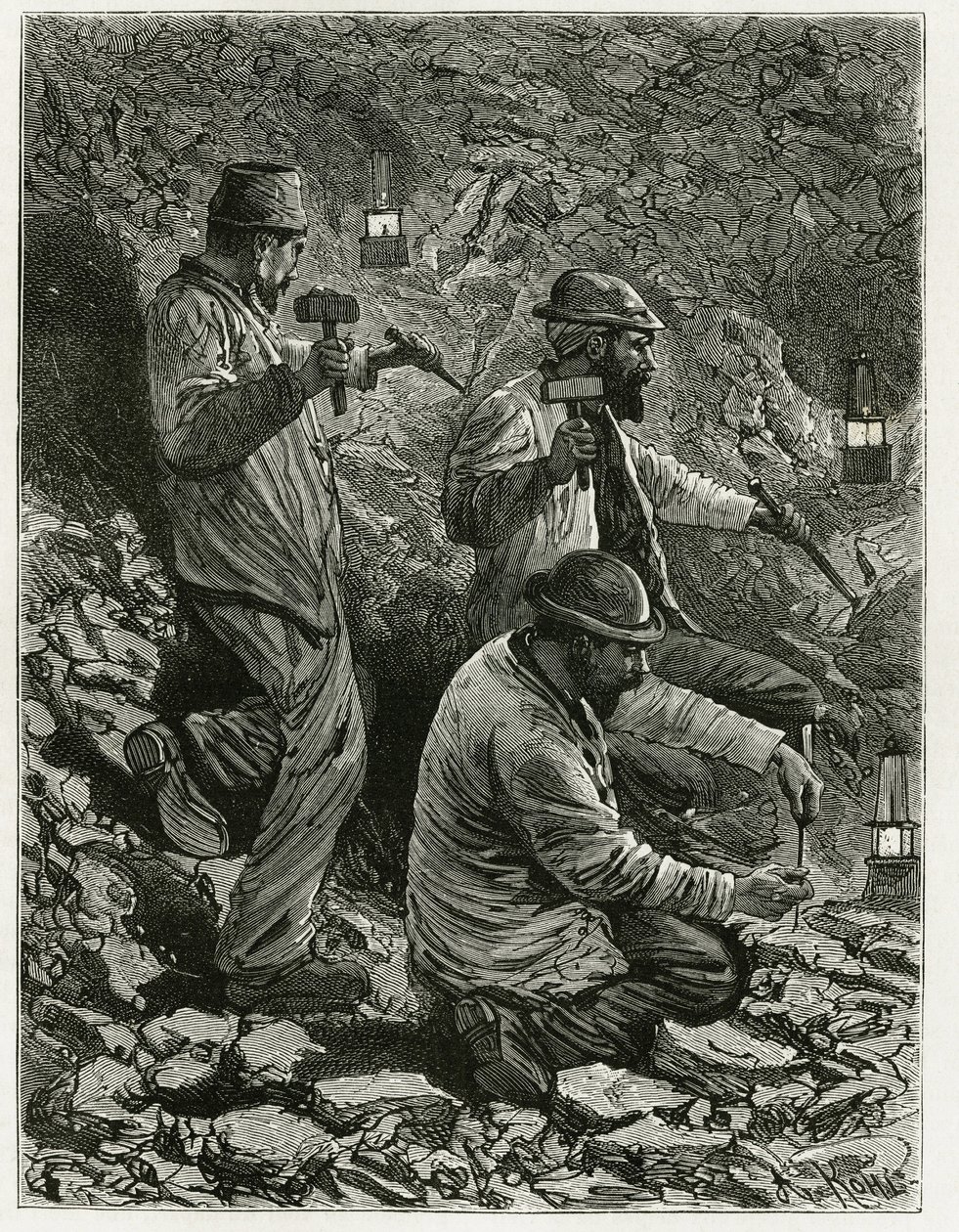 Bergleute beim Kohleabbau im Flöz. Gravur von Ferat zur Illustration der Geschichte „Belgien“ von Camille Lemonnier (1844-1913), belgischer Schriftsteller. Veröffentlicht in Le Tour du monde, nouveau journal des voyages, 2. Halbjahr 1884, herausgegeben von von P. Ferat
