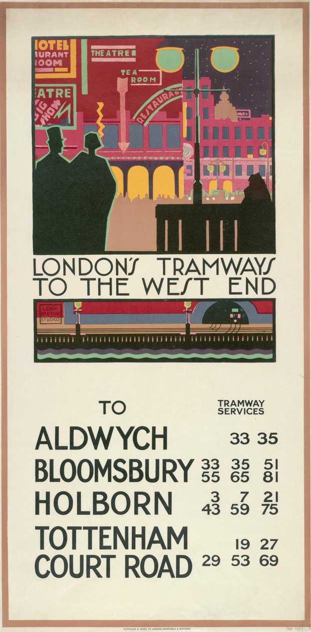 Londons Straßenbahnen zum West End, London County Council LCC Straßenbahnplakat, 1927 von P Irwin Brown