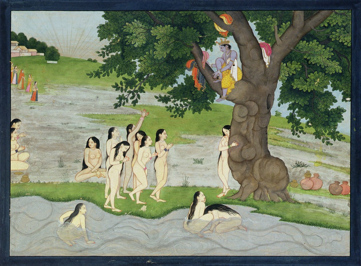 Krishna stiehlt die Kleider der Gopis, aus dem Bhagavata Purana, Kangra, Himachal Pradesh, 1780 von Pahari School