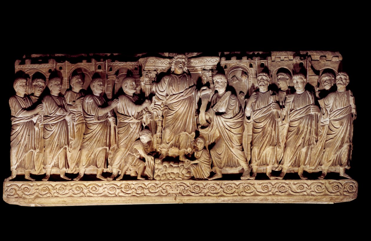Paläochristliche Kunst: geschnitzter Sarkophag, der Christus mit den Aposteln darstellt. aus der Basilika St. Peter in Rom, Mausoleum der Anicii. 390-400 n. Chr. Paris, Louvre Museum von Paleo Christian
