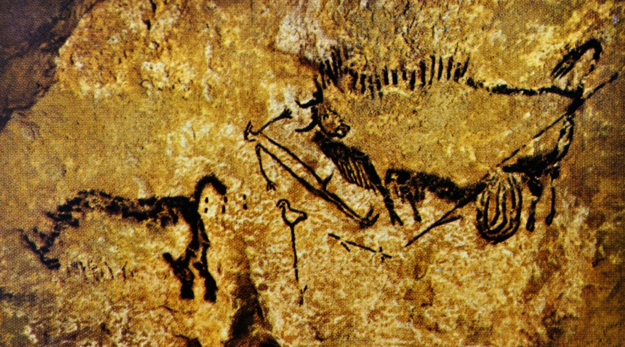 Verwundeter Bison, verwundeter Mann und Wollnashorn, Lascaux (Höhlenmalerei) von Paleolithic Paleolithic