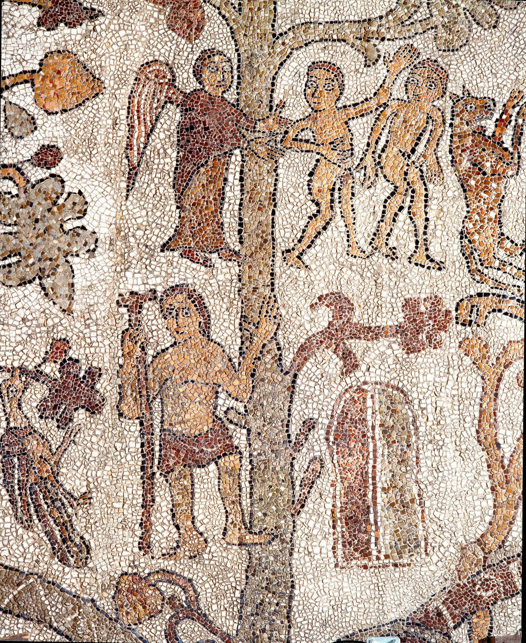 Adam und Eva vertreiben aus dem Paradies. Mosaik von Pantaleone, Priester und Mosaist. 1163-1166. Mittelschiff der Kathedrale von Otranto von Pantaleon